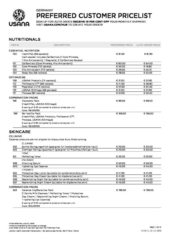 USANA Germany Customer Price List USANA Supplements